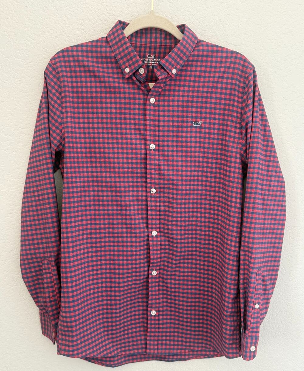 Vineyard Vines Performance Button Down Shirt XL Red Blue Gingham Check Whale